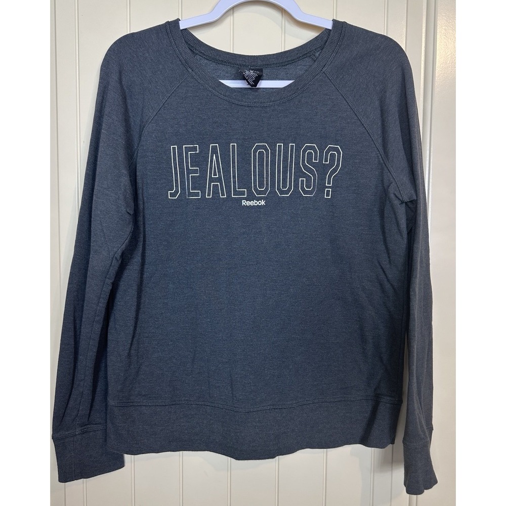 Reebok gray long sleeve terry cloth shirt "Jealous" sz‎ M GUC workout gym